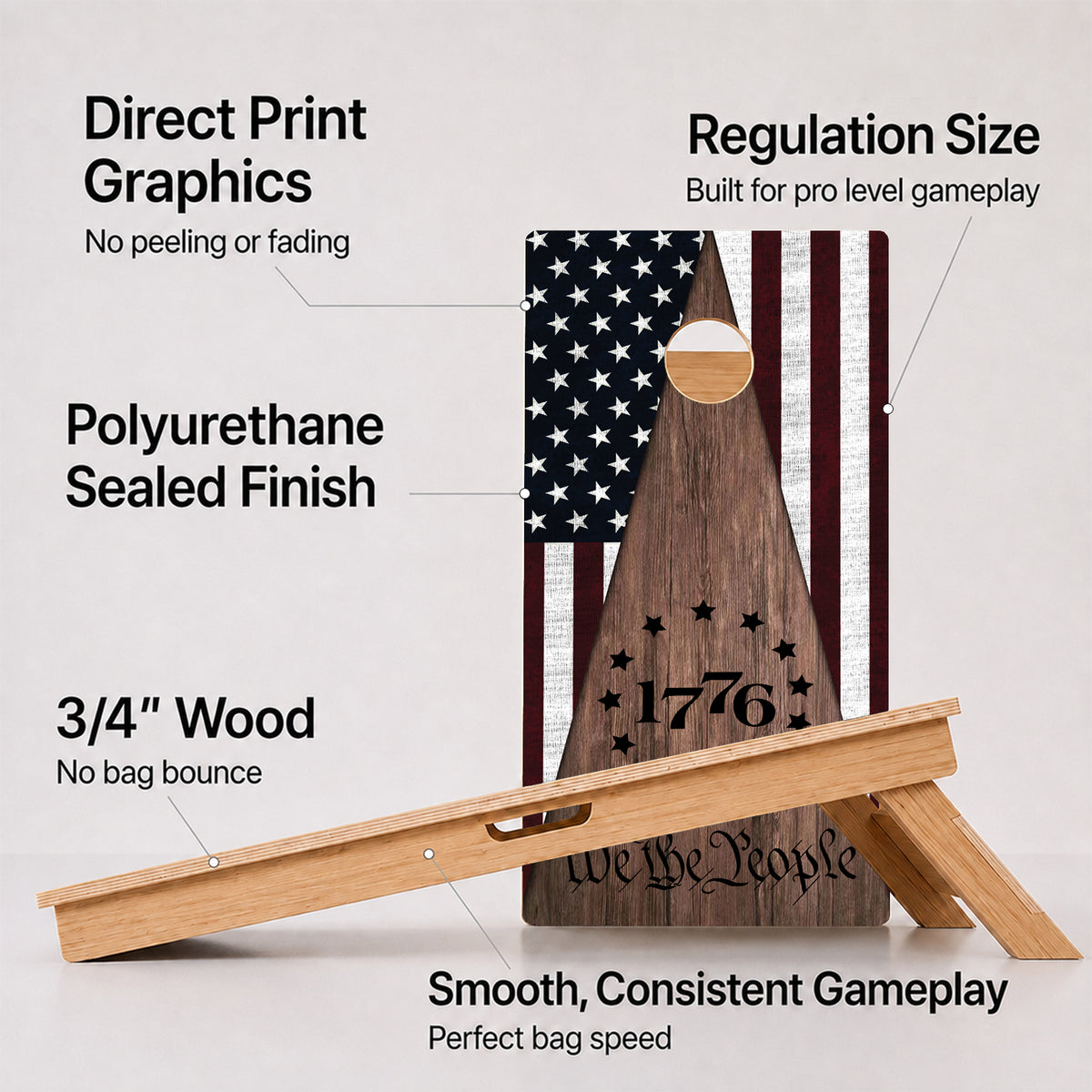 A cornhole 1776 Professional board with feature callouts on a light gray background.