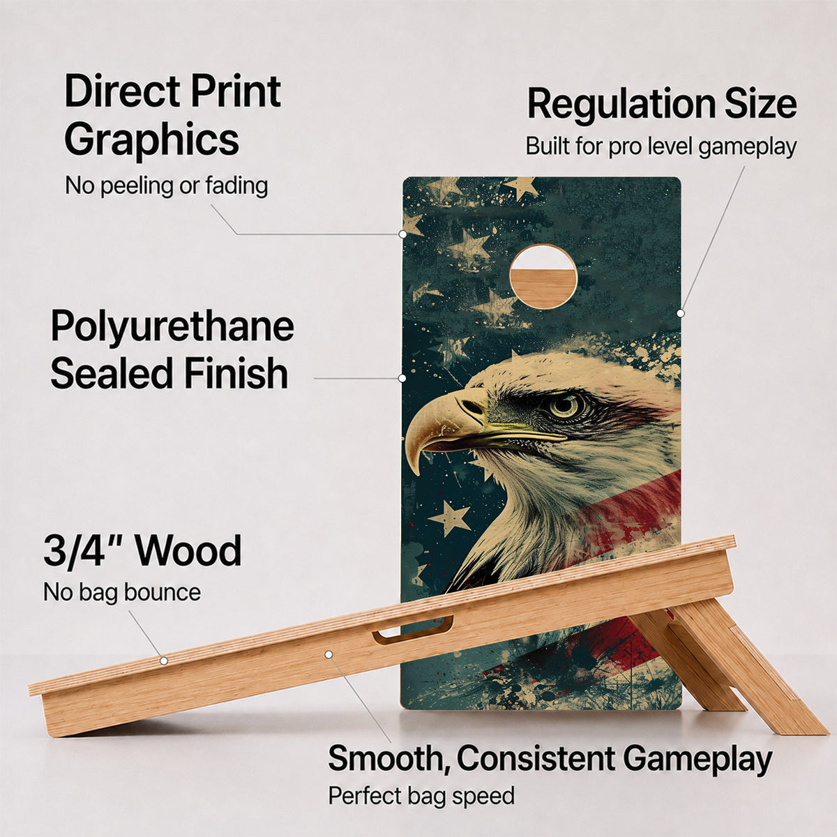 A cornhole Patriotic Professional board with feature callouts on a light gray background.