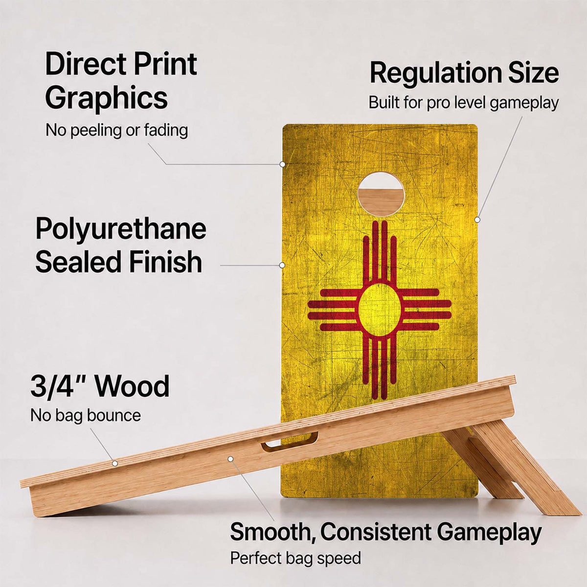 A cornhole New Mexico Flag Professional board with feature callouts on a light gray background.
