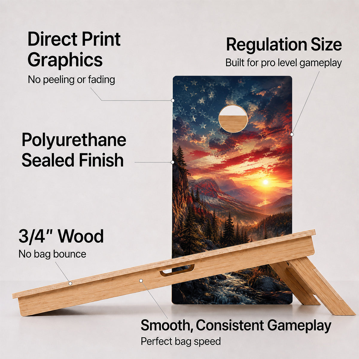A cornhole American Flag Mountains Professional board with feature callouts on a light gray background.