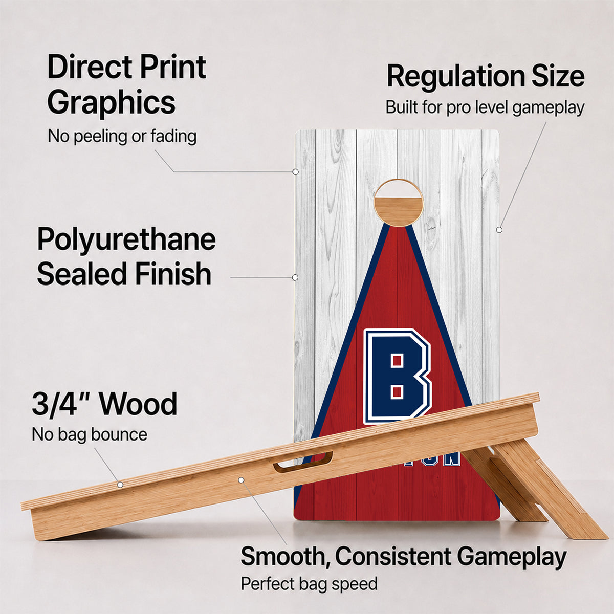 A cornhole Boston Baseball Professional board with feature callouts on a light gray background.