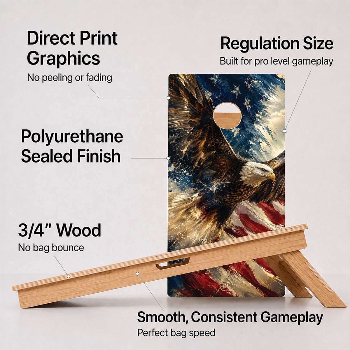 A cornhole American Bald Eagle Professional board with feature callouts on a light gray background.