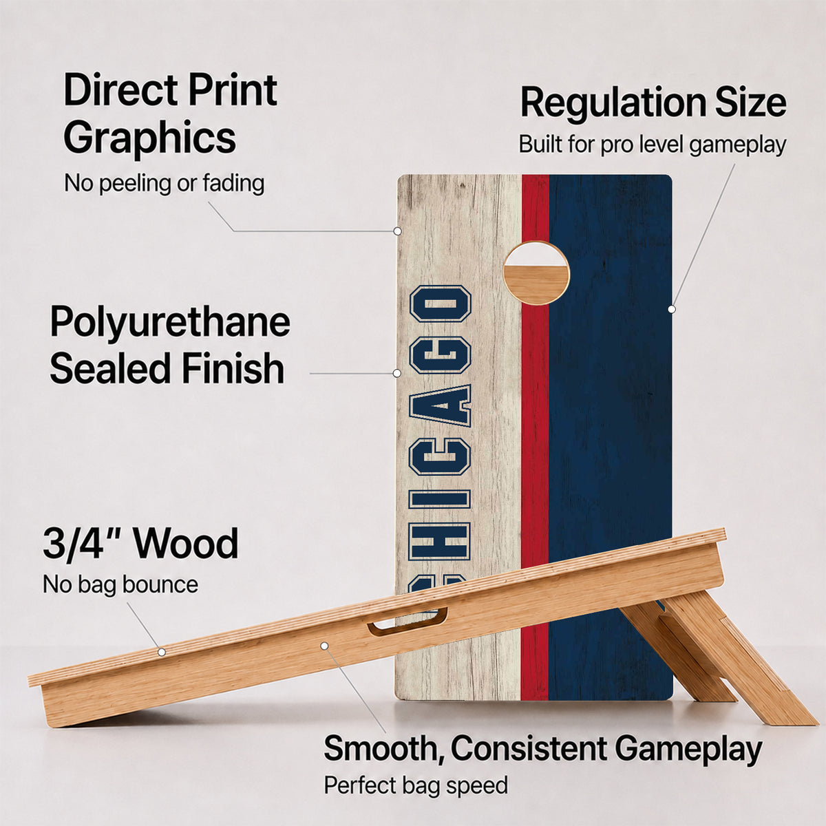 A cornhole Chicago Baseball Red White & Blue Professional board with feature callouts on a light gray background.