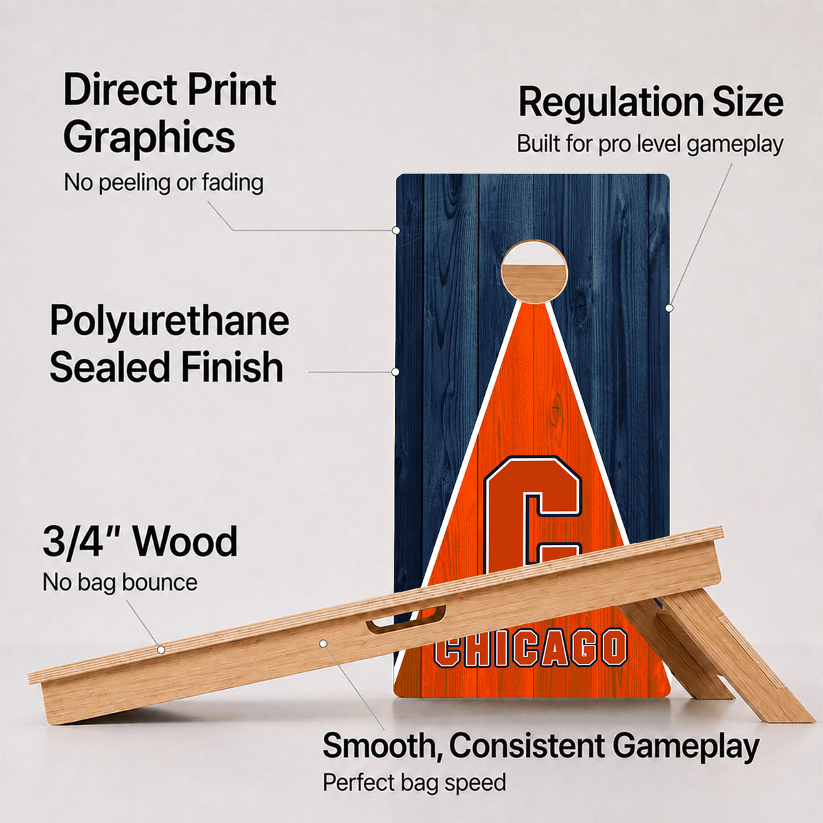 A cornhole Chicago Football Professional board with feature callouts on a light gray background.