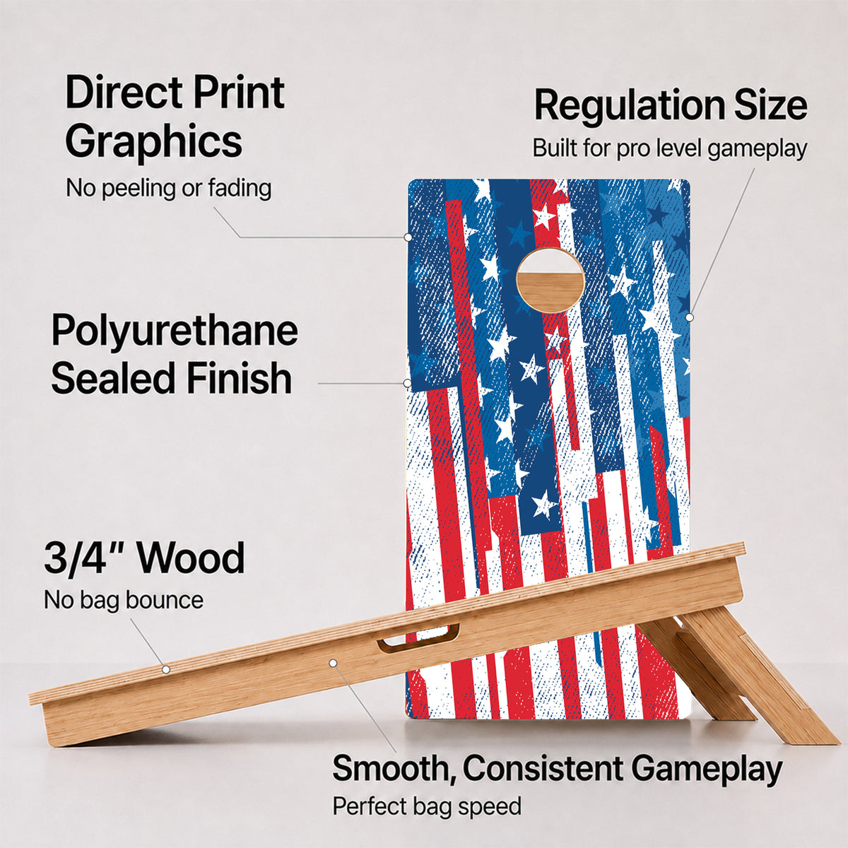 A cornhole American Flag Professional board with feature callouts on a light gray background.