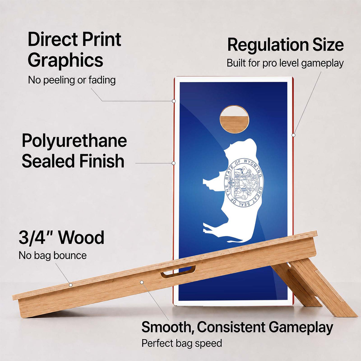 A cornhole Wyoming Flag Professional board with feature callouts on a light gray background.