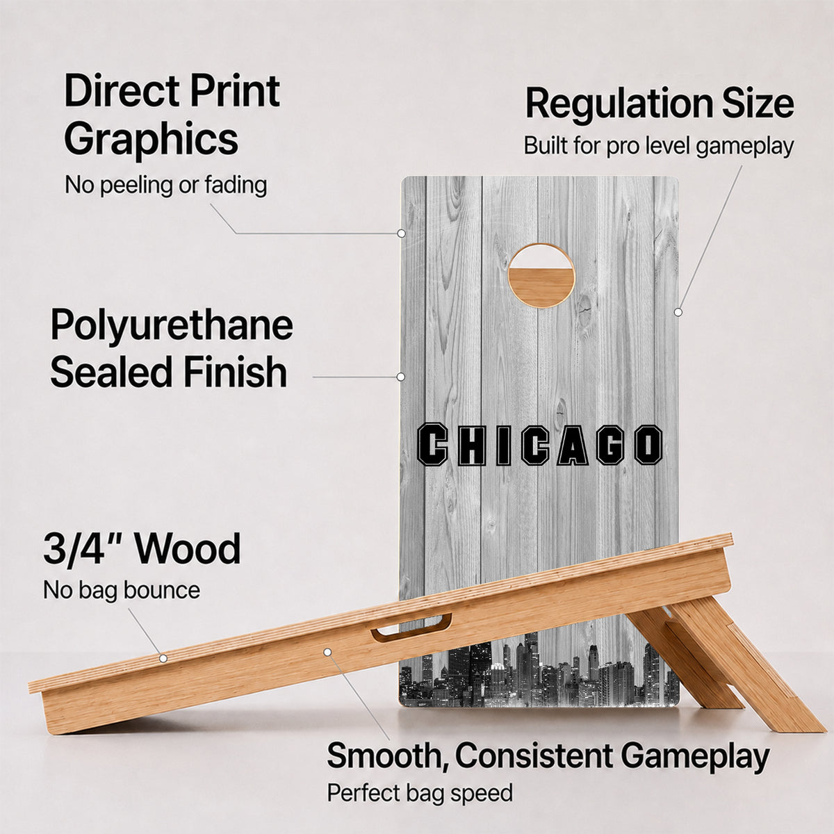 A cornhole Chicago Black & White City Baseball Professional board with feature callouts on a light gray background.