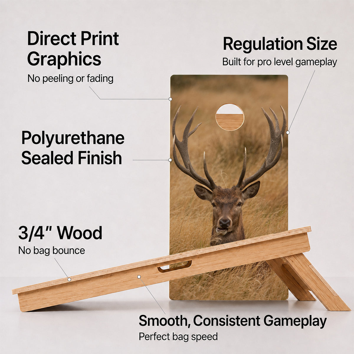 A cornhole Deer Professional board with feature callouts on a light gray background.