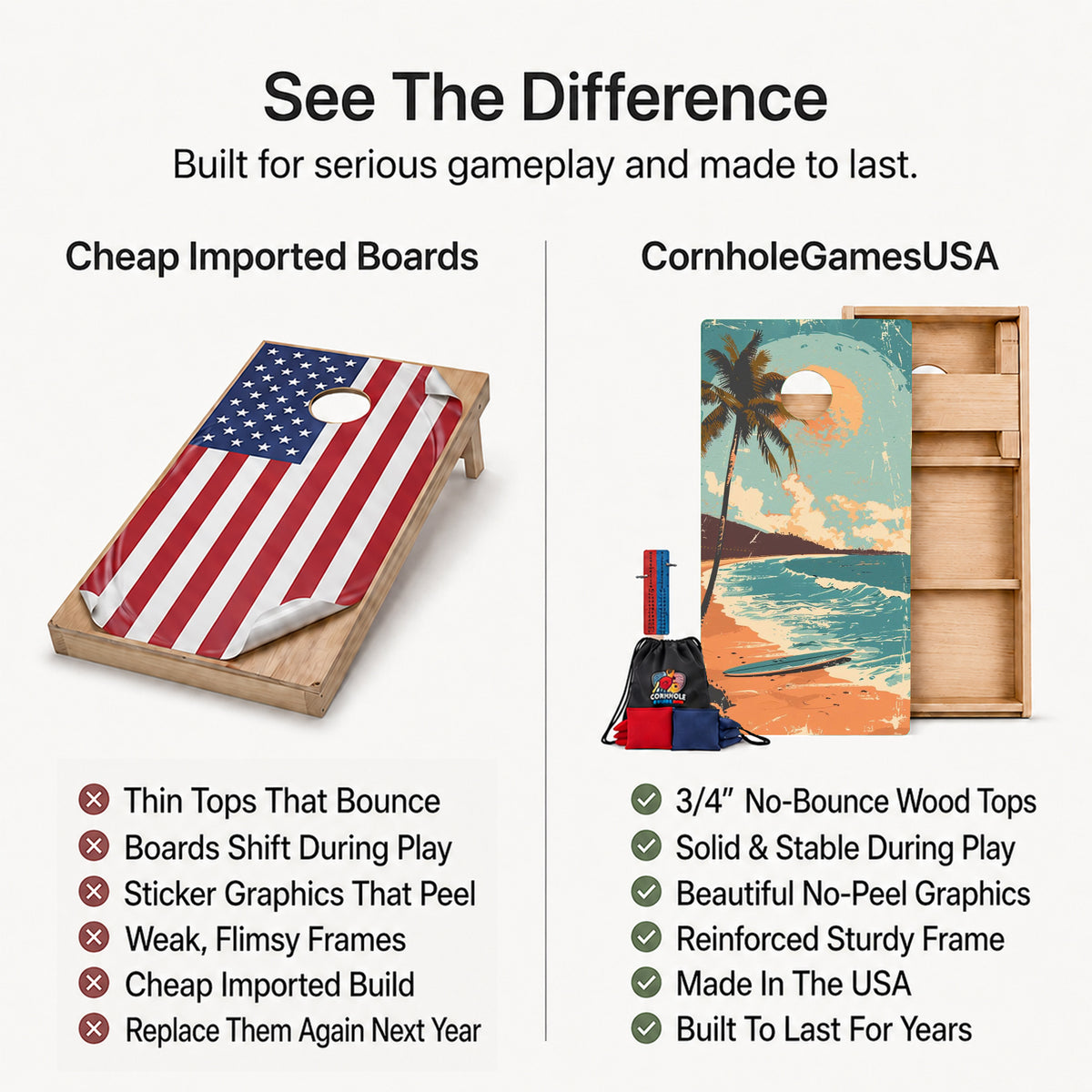 A promotional comparison graphic for cornhole boards and bags. The left side shows a wooden cornhole board with an American flag print and a hole cutout, labeled 'Cheap Imported Boards' with a list of drawbacks.