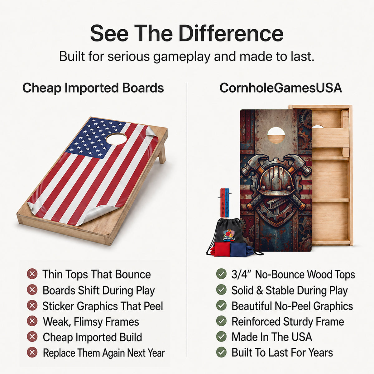 A promotional comparison graphic for cornhole boards and bags. The left side shows a wooden cornhole board with an American flag print and a hole cutout, labeled 'Cheap Imported Boards' with a list of weaknesses.