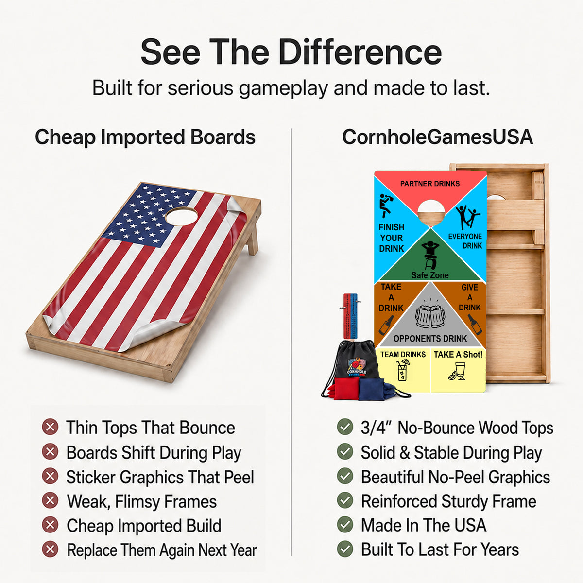 Promotional comparison graphic for cornhole boards and bags. Left side shows a wooden cornhole board with an American flag sticker graphic and a wooden frame, labeled 'Cheap Imported Boards' with a list of complaints.