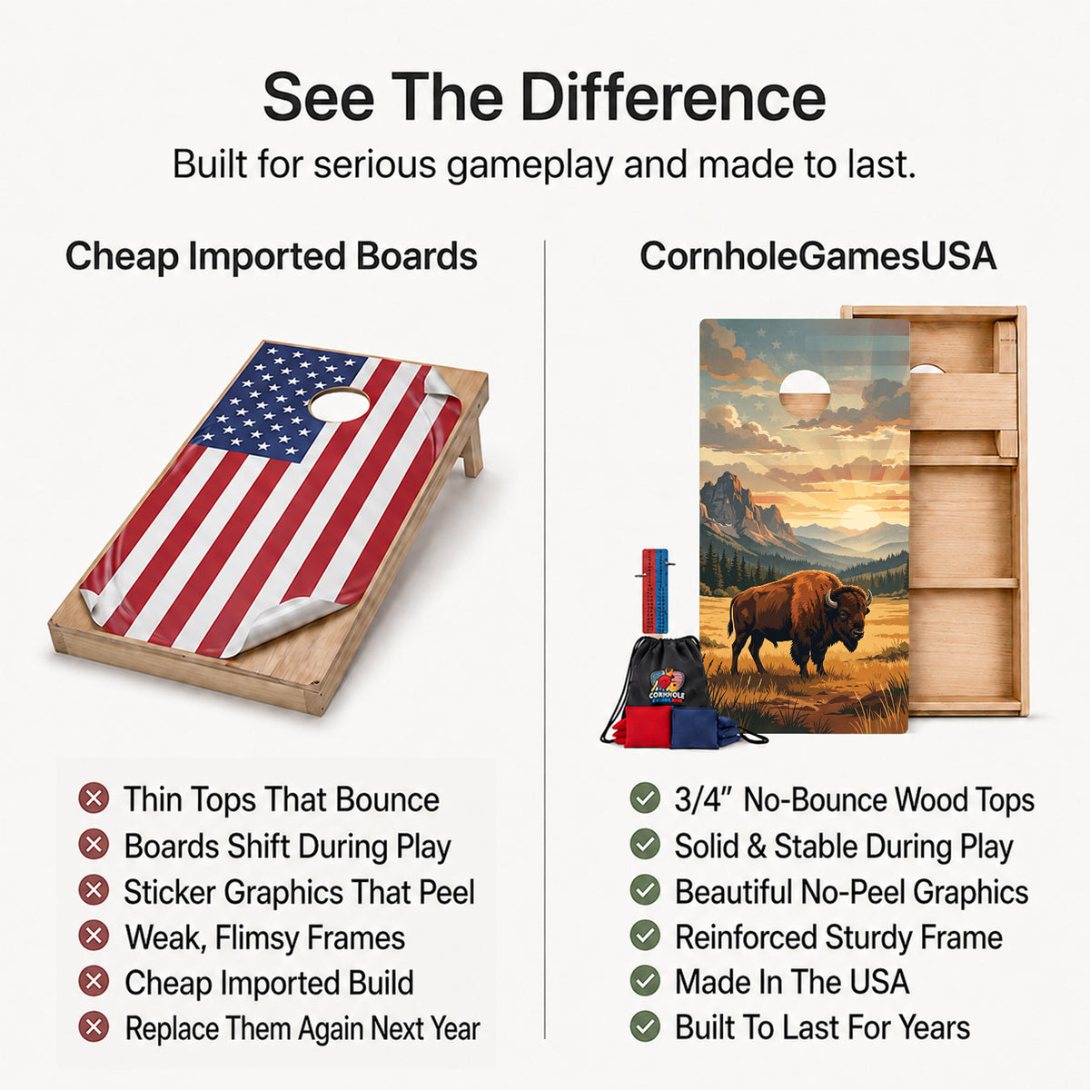 Promotional comparison graphic for cornhole boards and bags. Left side shows a wooden cornhole board with an American flag print and a hole cutout under text 'Cheap Imported Boards' with a list of drawbacks.