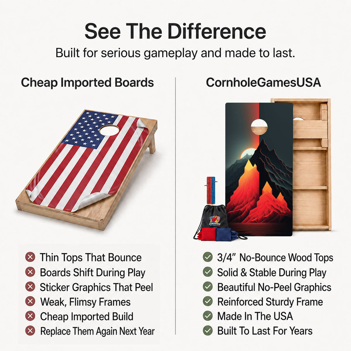 A promotional comparison graphic for cornhole boards and bags. The left side shows a wooden cornhole board with an American flag print under the heading 'Cheap Imported Boards' and a list of drawbacks.