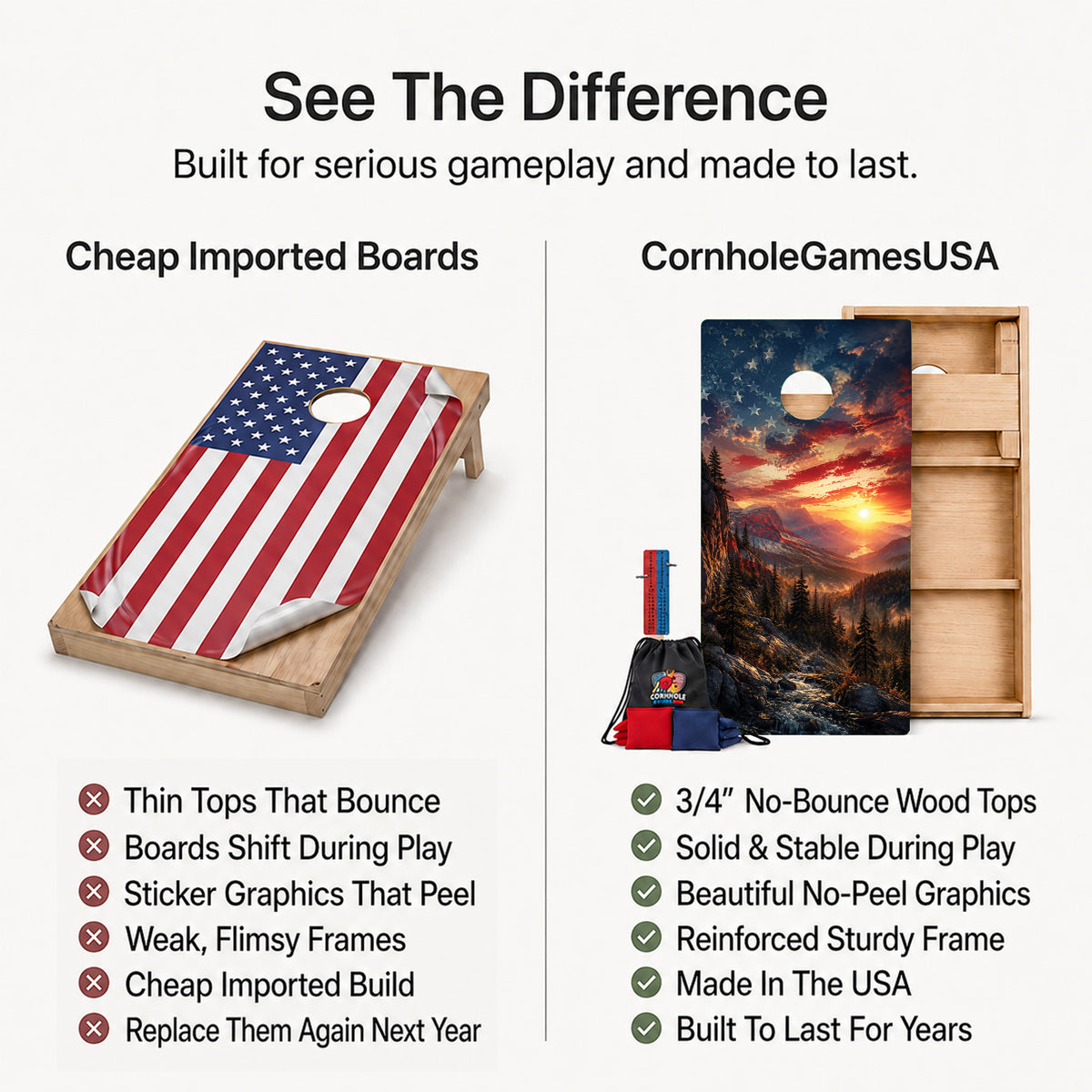 Promotional comparison graphic for cornhole boards and bags. Left side shows a wooden cornhole board with an American flag print under the heading 'Cheap Imported Boards' with a list of drawbacks.