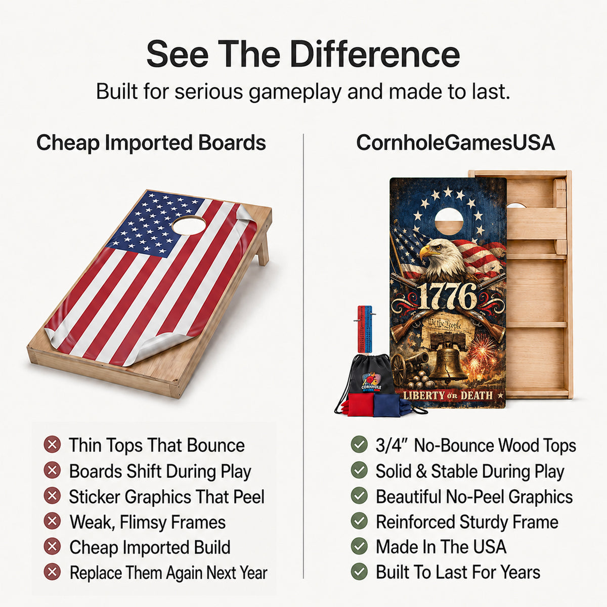 Promotional comparison graphic for cornhole boards and bags. Left side shows a wooden board with an American flag graphic and text calling out weaknesses of cheap imported boards.