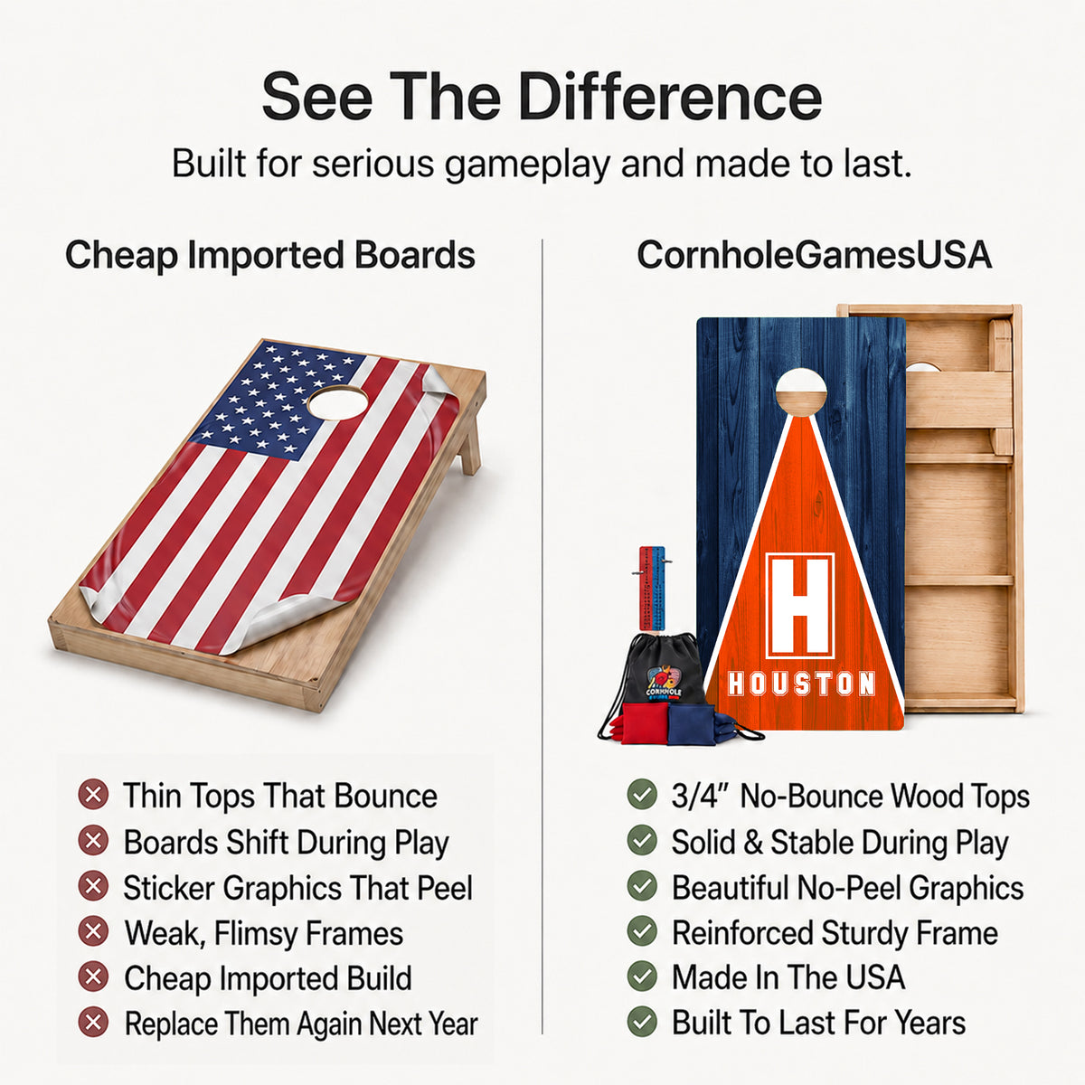 A promotional comparison graphic for cornhole boards. The left side shows a wooden cornhole board with an American flag print under the heading 'Cheap Imported Boards' and a list of drawbacks.