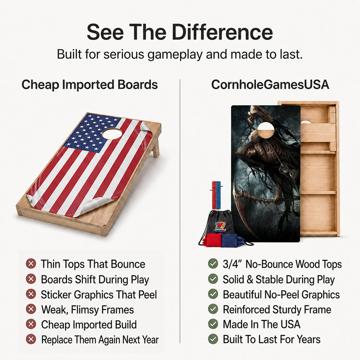 A promotional comparison graphic for cornhole boards. The left side shows a wooden cornhole board with an American flag print under the heading 'Cheap Imported Boards' and a list of drawbacks.