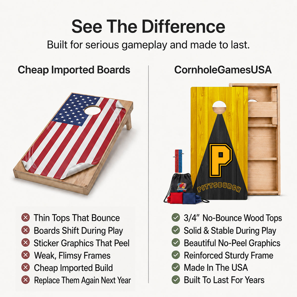 A promotional comparison graphic for cornhole boards. The left side shows a wooden cornhole board with an American flag print under the heading 'Cheap Imported Boards' and a list of drawbacks.