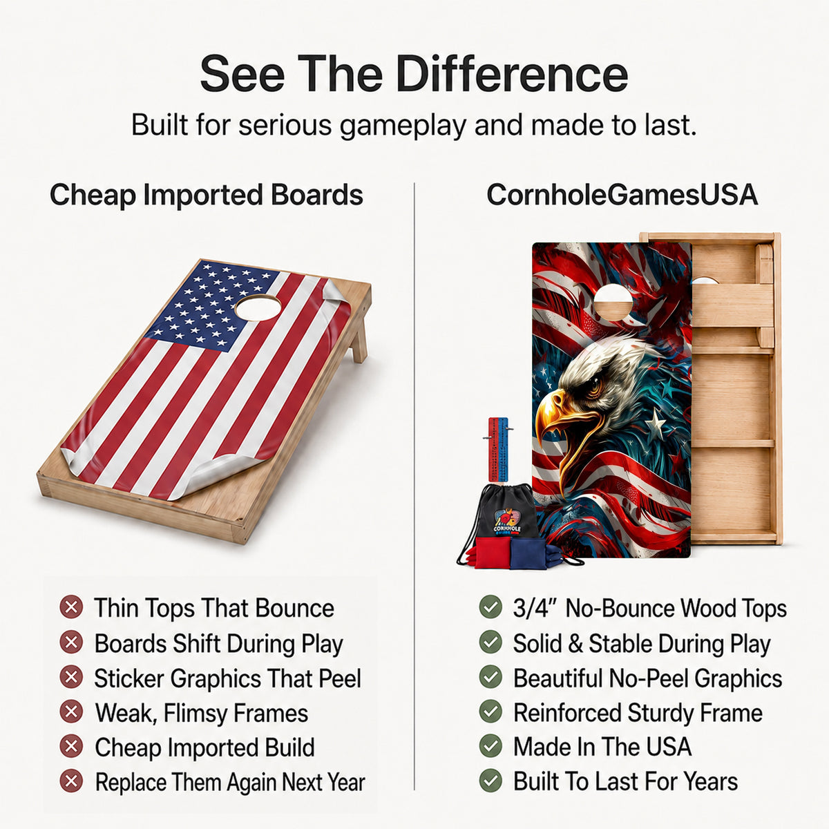 Promotional comparison graphic for cornhole boards and bags. Left side shows a wooden cornhole board with an American flag print and a white cutout hole, labeled 'Cheap Imported Boards' with a list of weaknesses.