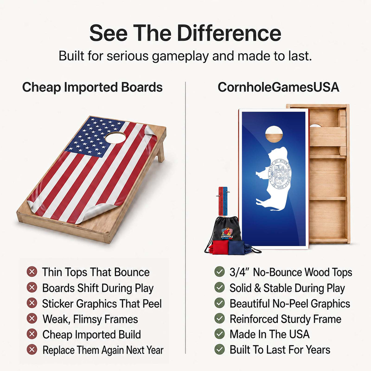 A promotional comparison graphic for cornhole boards. The left side shows a wooden cornhole board with an American flag print under the heading 'Cheap Imported Boards' and a list of drawbacks.