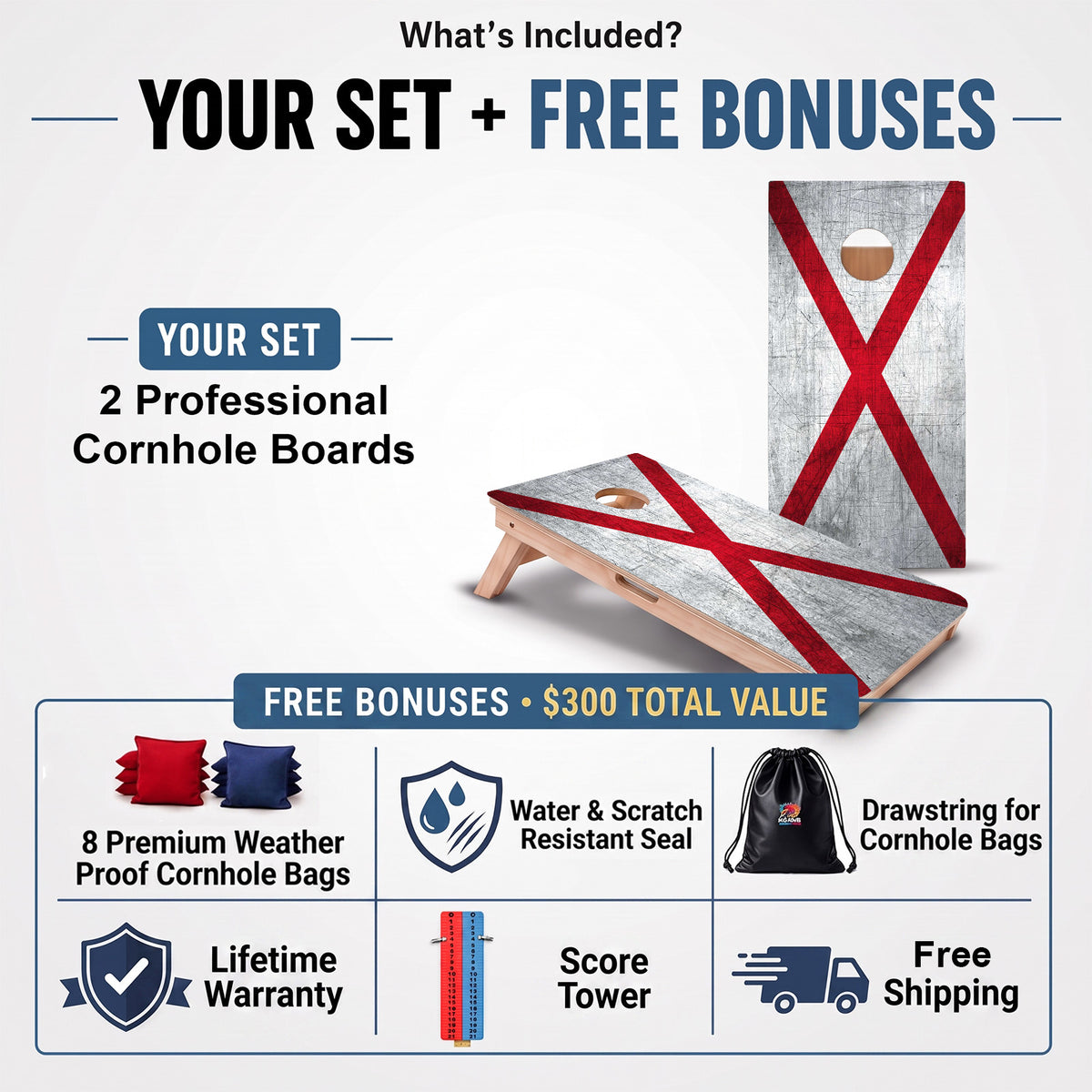 Alabama Flag Professional cornhole board set and included free bonus accessories.