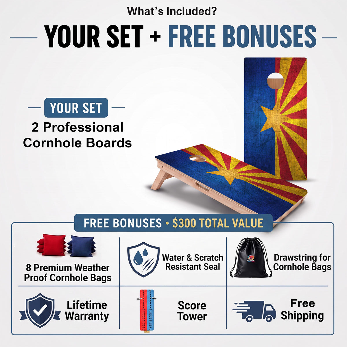 Arizona Flag Professional cornhole board set and included free bonus accessories.