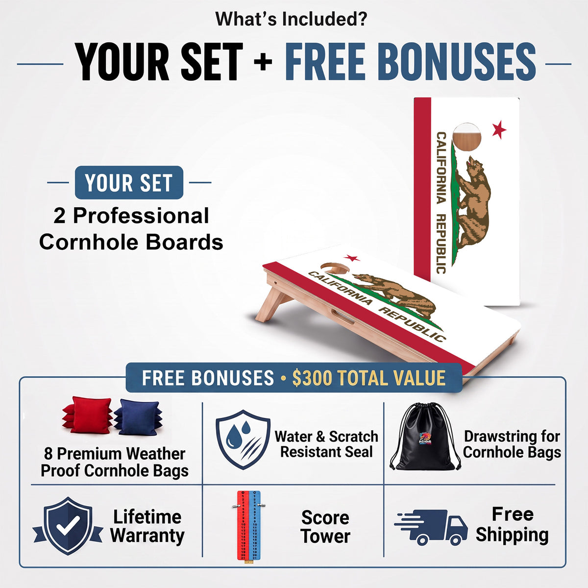 California Professional cornhole board set and included free bonus accessories.