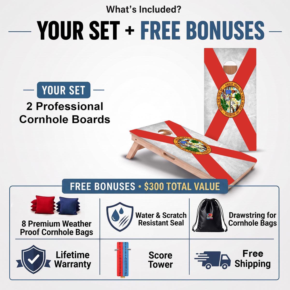 Florida Flag Professional cornhole board set and included free bonus accessories.