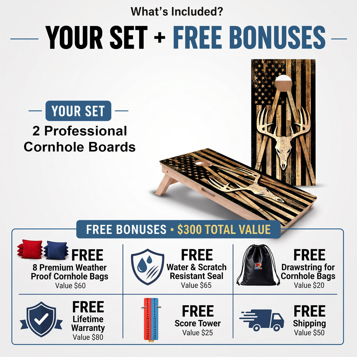 Deer Skull American Flag Professional Cornhole Boards