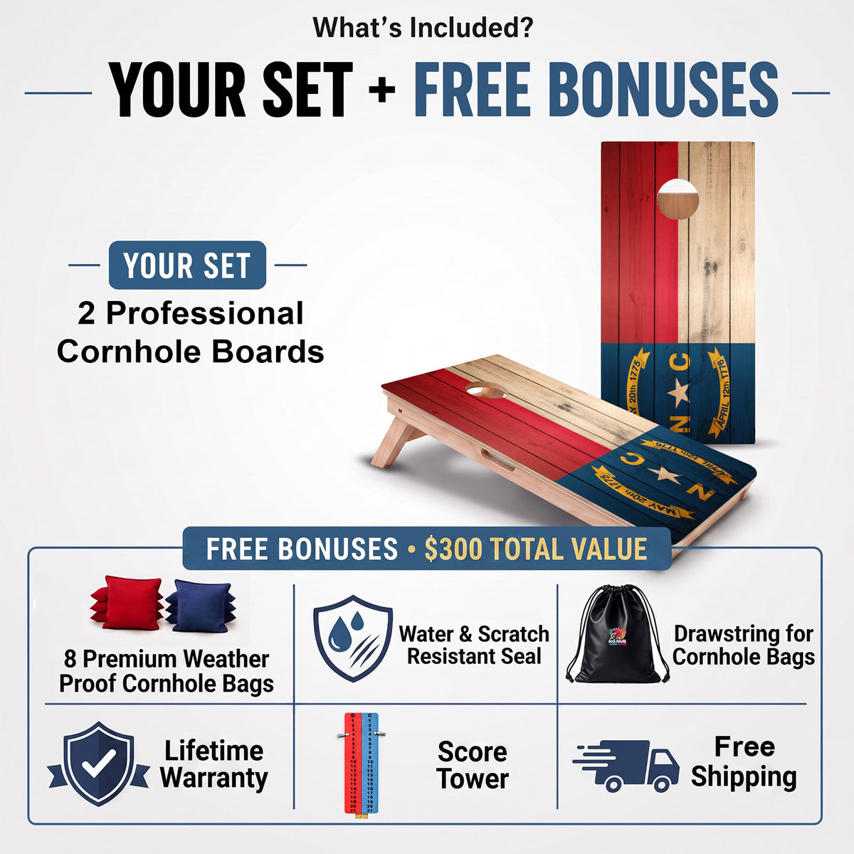 North Carolina Flag Professional cornhole board set and included free bonus accessories.