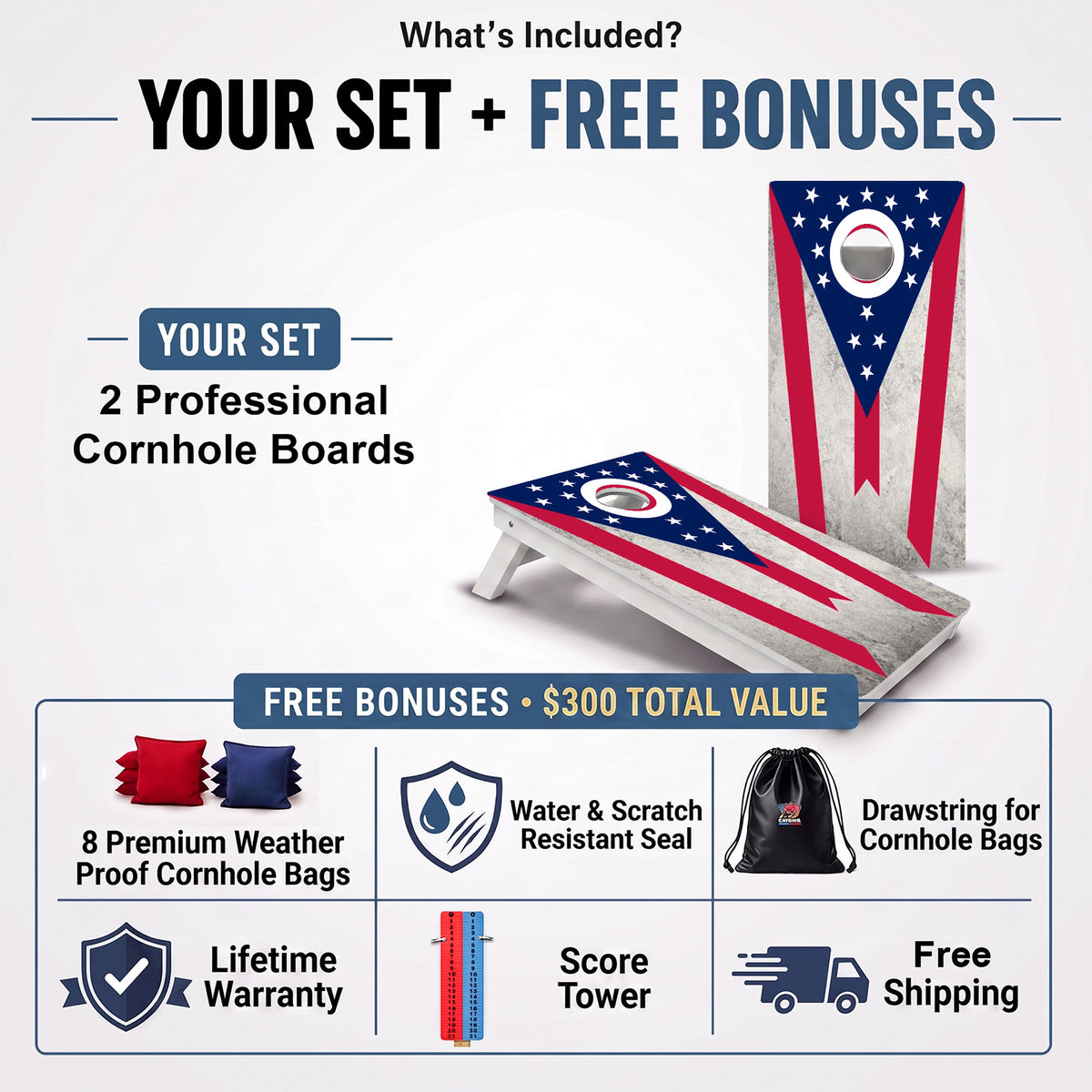Ohio Flag Weather proof cornhole board set and included free bonus accessories.