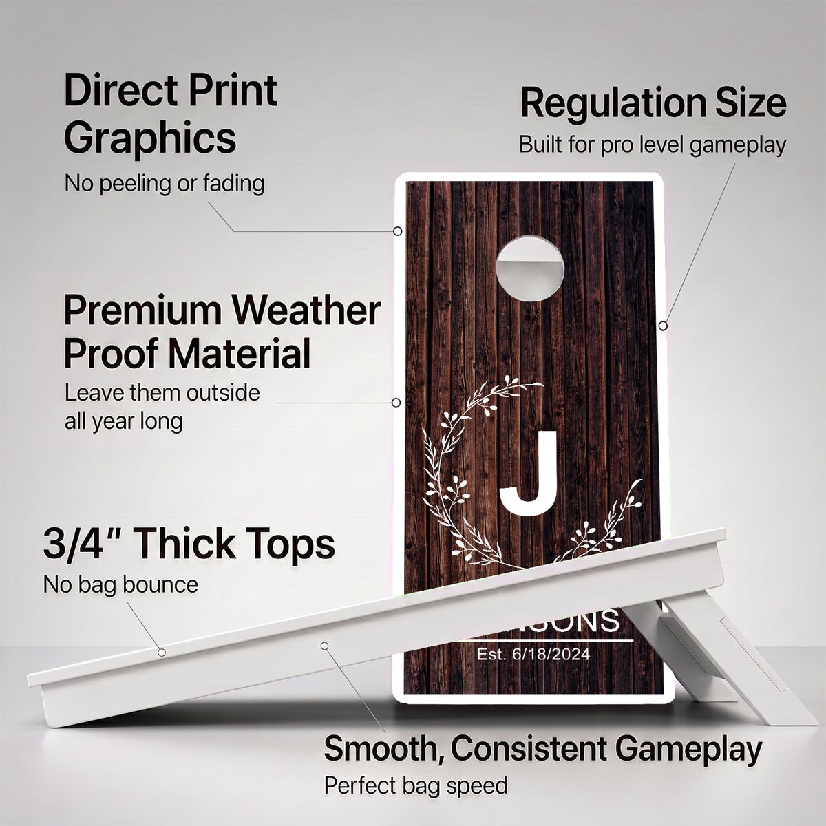 A cornhole Weather Proof Personalized Wedding board with feature callouts on a light gray background.