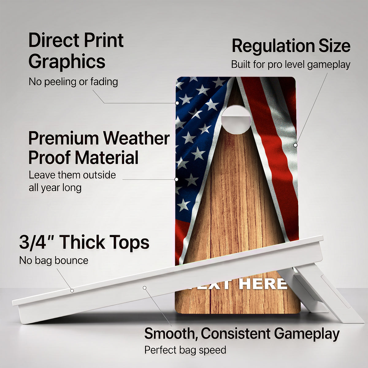 A cornhole Weather Proof Personalized Patriotic board with feature callouts on a light gray background.