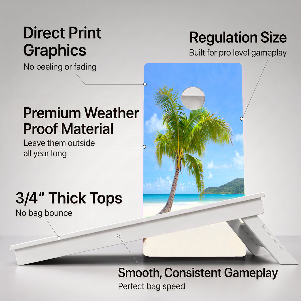 A cornhole Weather Proof Beach board with feature callouts on a light gray background.