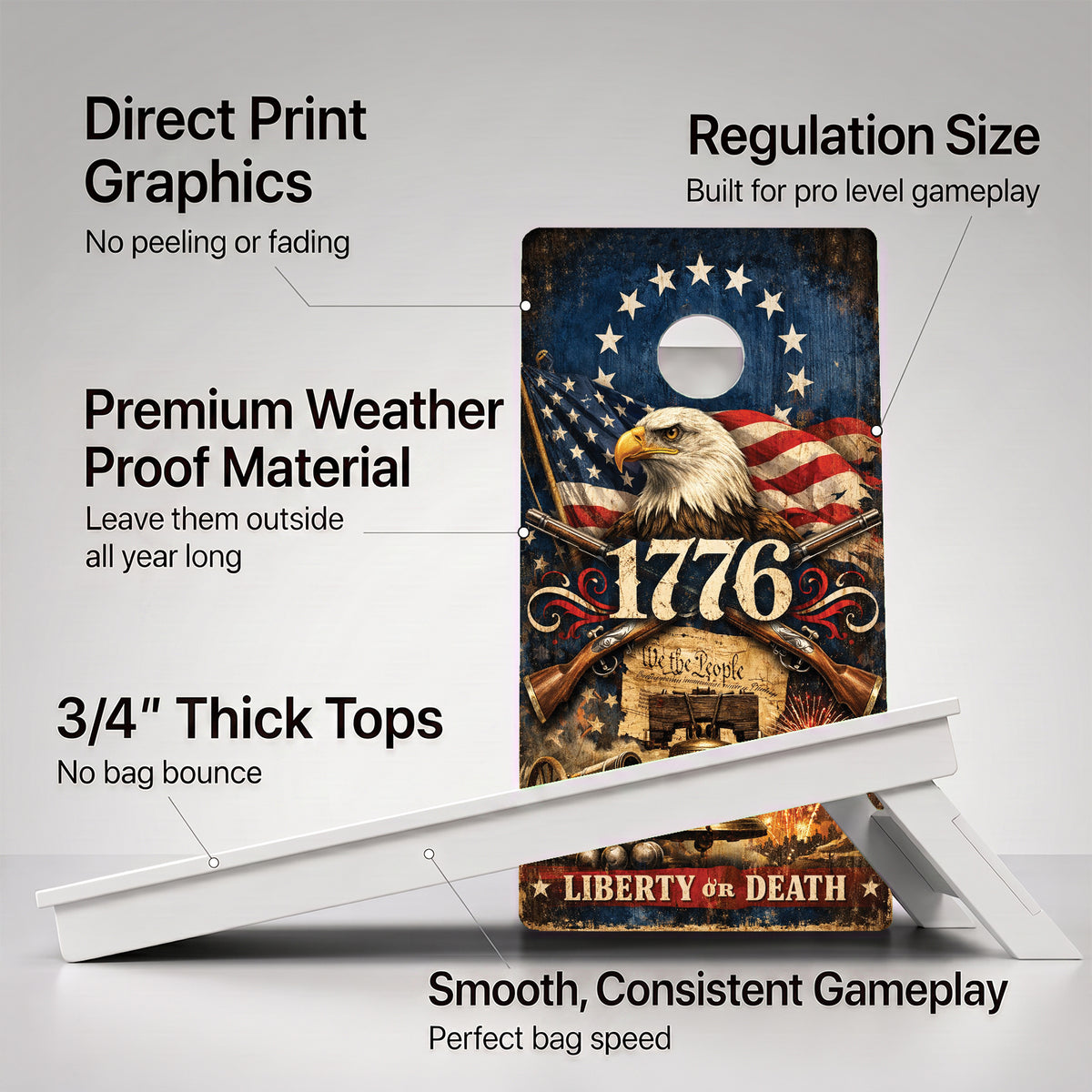 A cornhole USA 1776 board with feature callouts on a light gray background.