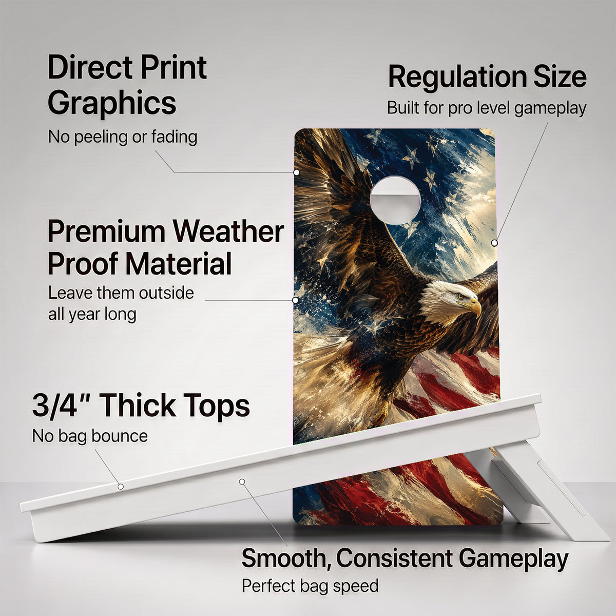 A cornhole Weather Proof American Bald Eagle board with feature callouts on a light gray background.