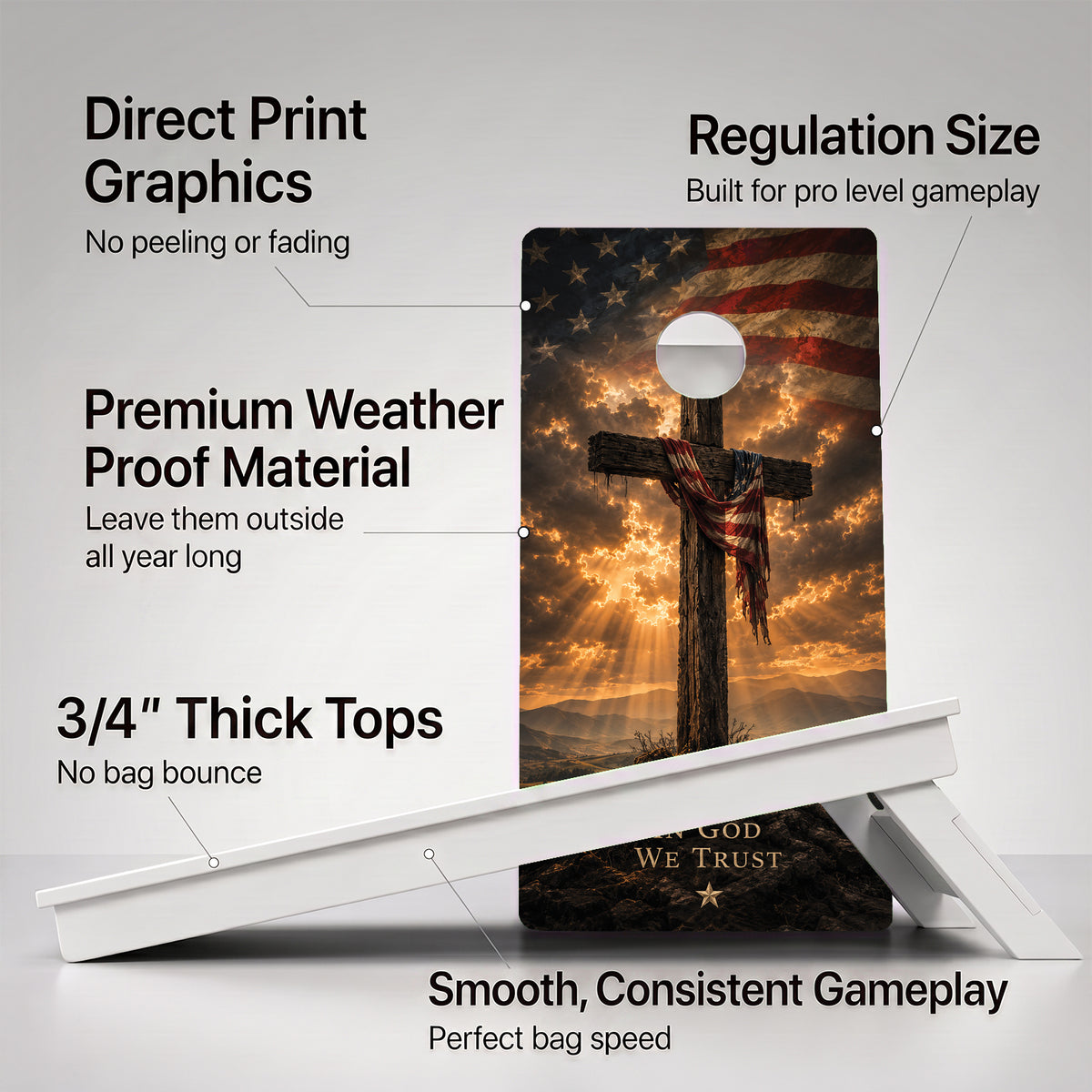 A cornhole Weather Proof American Flag Cross board with feature callouts on a light gray background.