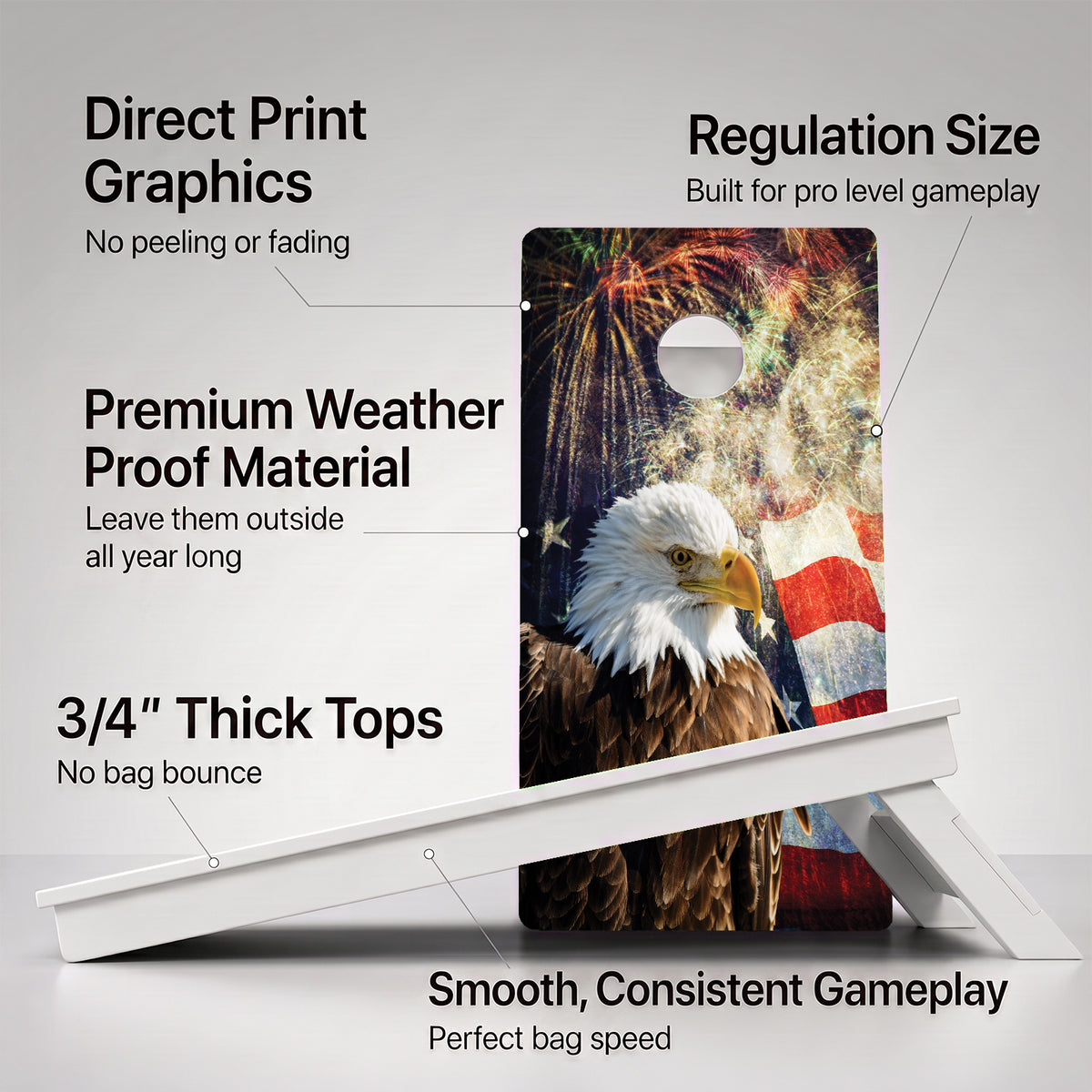 A cornhole Weather Proof Patriotic Bald Eagle board with feature callouts on a light gray background.