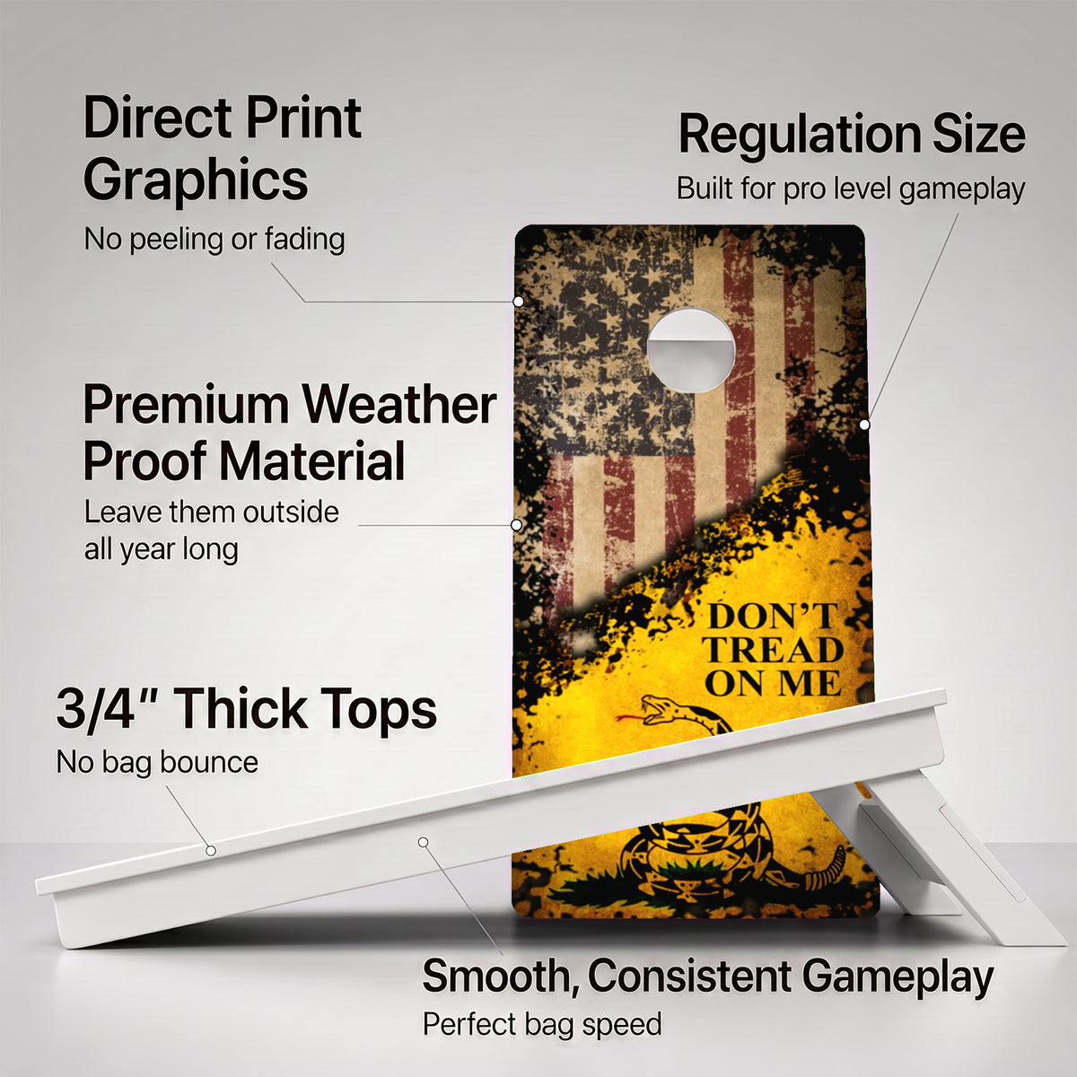 A cornhole Weather Proof Don't Tread On Me board with feature callouts on a light gray background.