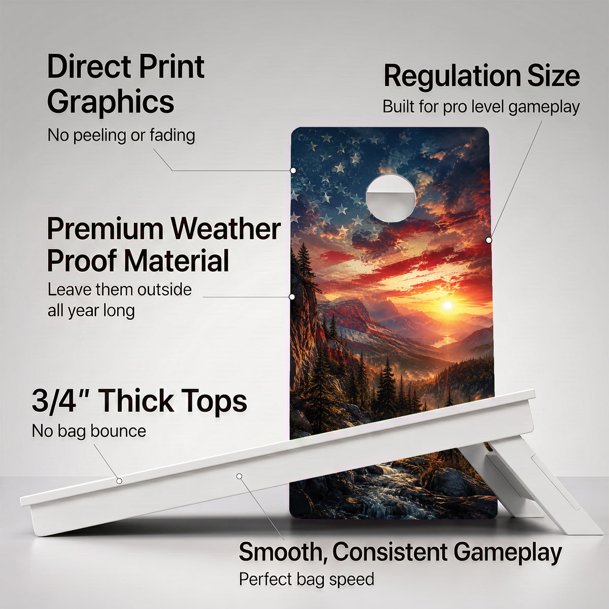 A cornhole Weather Proof American Flag Mountains board with feature callouts on a light gray background.