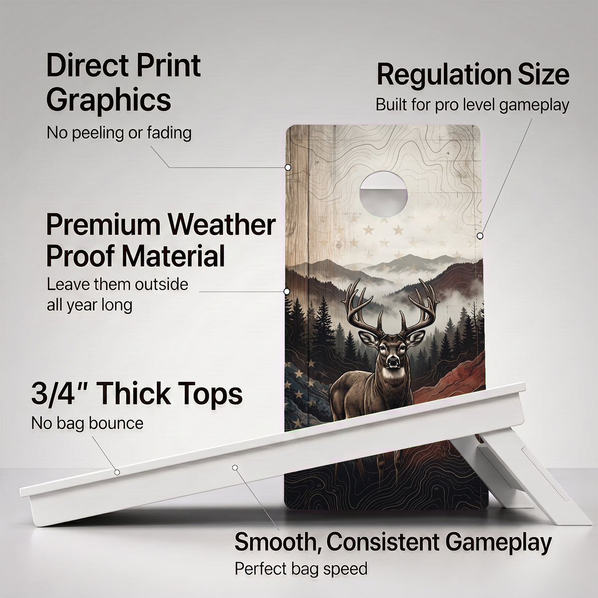 A cornhole Weather Proof American Deer board with feature callouts on a light gray background.