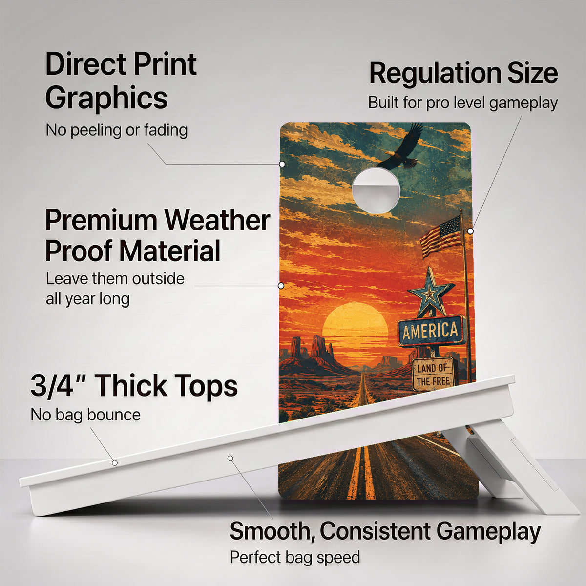 A cornhole Weather Proof Land of the Free board with feature callouts on a light gray background.