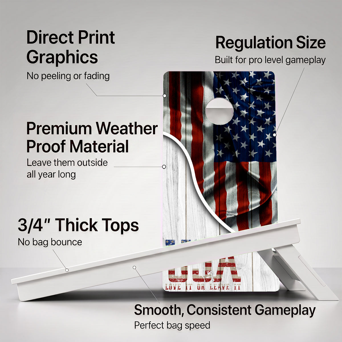 A cornhole Weather Proof USA Love It Or Leave It board with feature callouts on a light gray background.