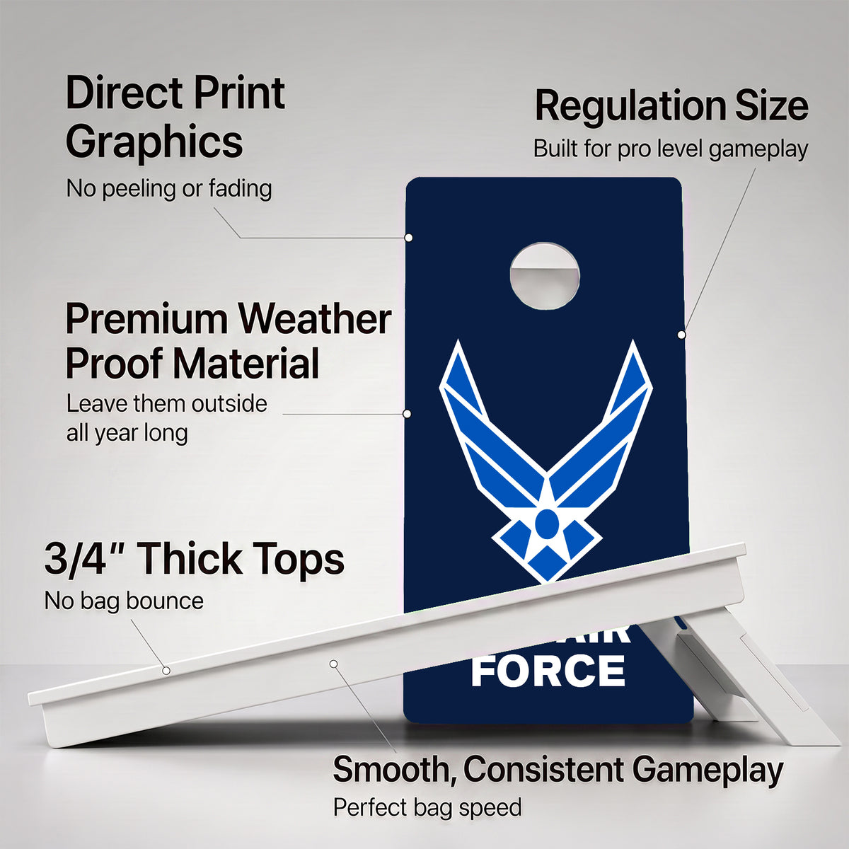 A cornhole U.S Airforce Professional board with feature callouts on a light gray background.
