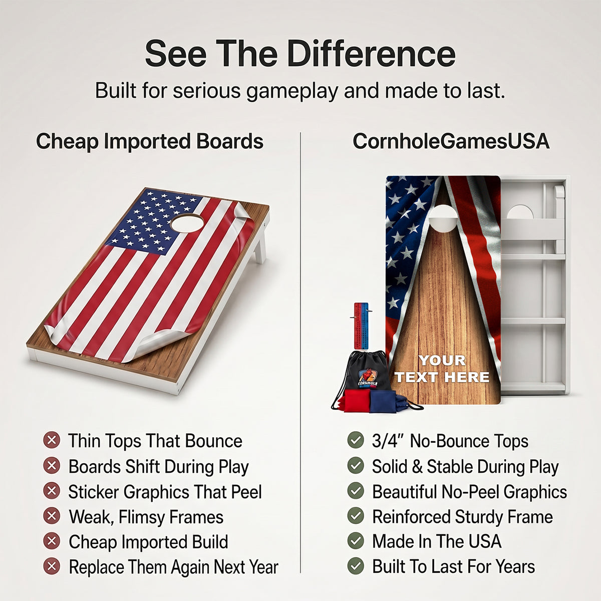 Promotional comparison graphic for cornhole boards, showing a left side labeled 'Cheap Imported Boards' with a wooden board featuring an American flag print and a list of weaknesses, and a right side labeled 'CornholeGamesUSA' with a stronger wooden board, white inner board, bag, and text customization area.