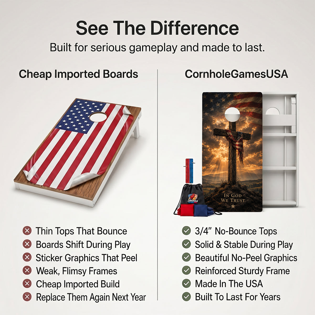A promotional comparison graphic for cornhole boards and bags. The left side shows a wooden cornhole board with an American flag print under the heading 'Cheap Imported Boards' and a list of drawbacks.