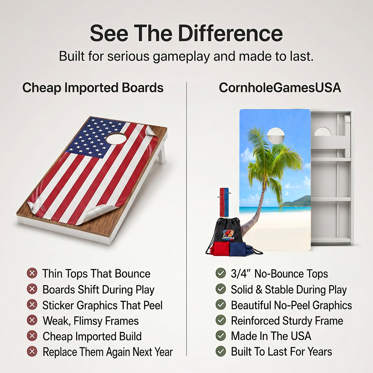 A promotional comparison graphic for cornhole boards and bags. The left side shows a wooden board with an American flag print under the heading 'Cheap Imported Boards' and a list of drawbacks.
