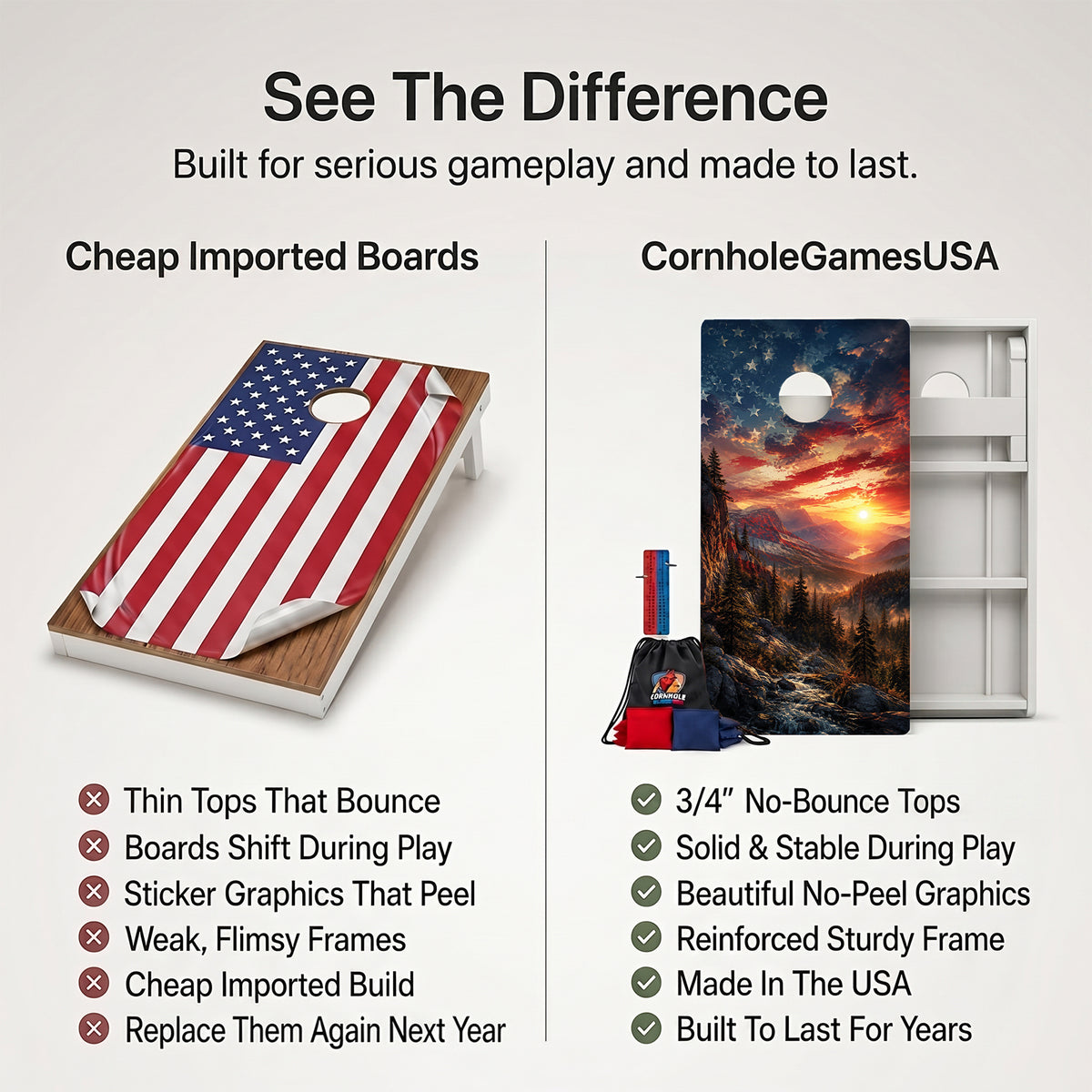 Promotional comparison graphic for cornhole boards and bags. Left side shows a wooden board with an American flag print under the heading 'Cheap Imported Boards' with a list of drawbacks.