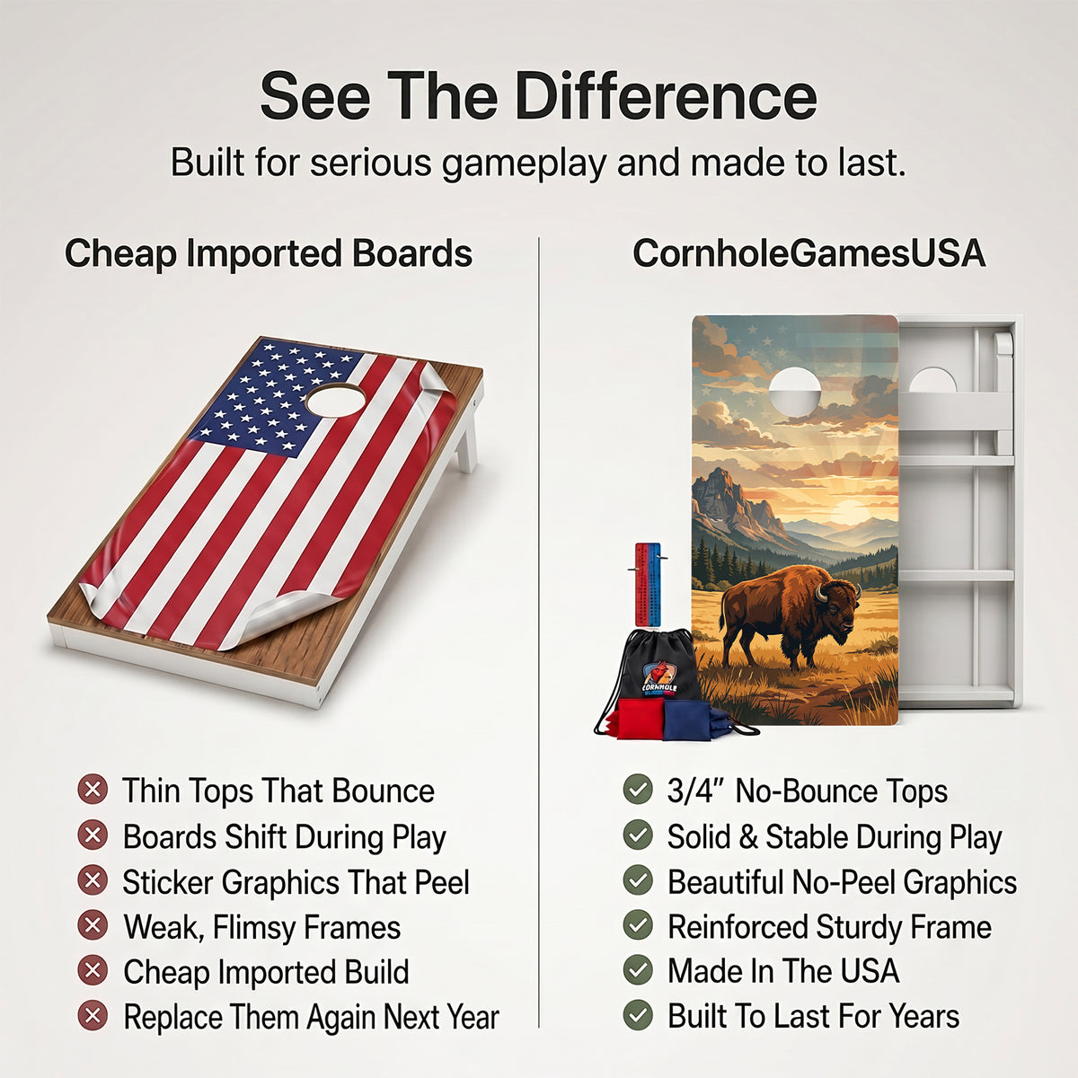 A promotional comparison graphic for cornhole boards and bags. The left side shows a wooden cornhole board with an American flag print under the heading 'Cheap Imported Boards' and a list of drawbacks.