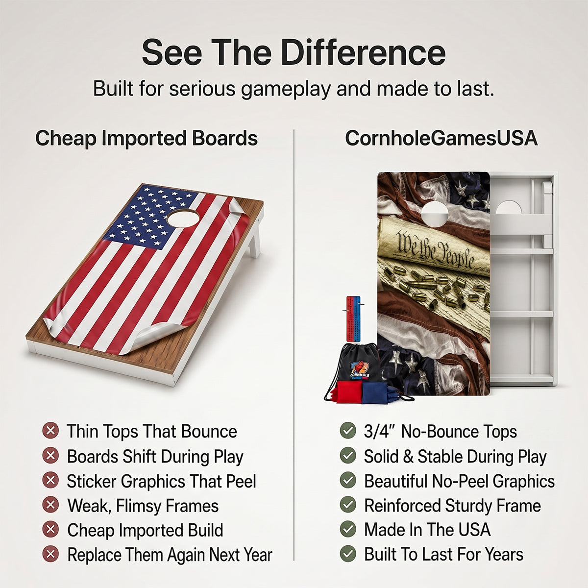 Promotional comparison graphic for cornhole boards. Left side shows a wooden cornhole board with an American flag graphic and text calling out weaknesses of cheap imported boards.